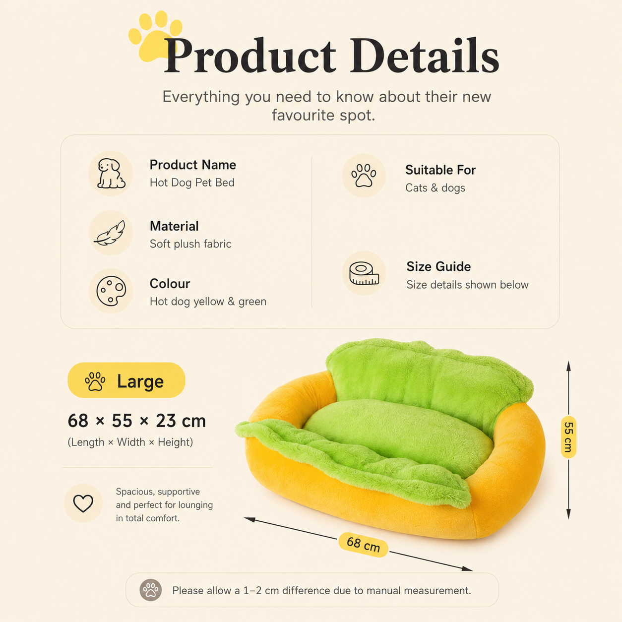 Funny Hot Dog Plush Pet Bed - Washable Luxury Cushion Sofa for Small Dogs & Cats
