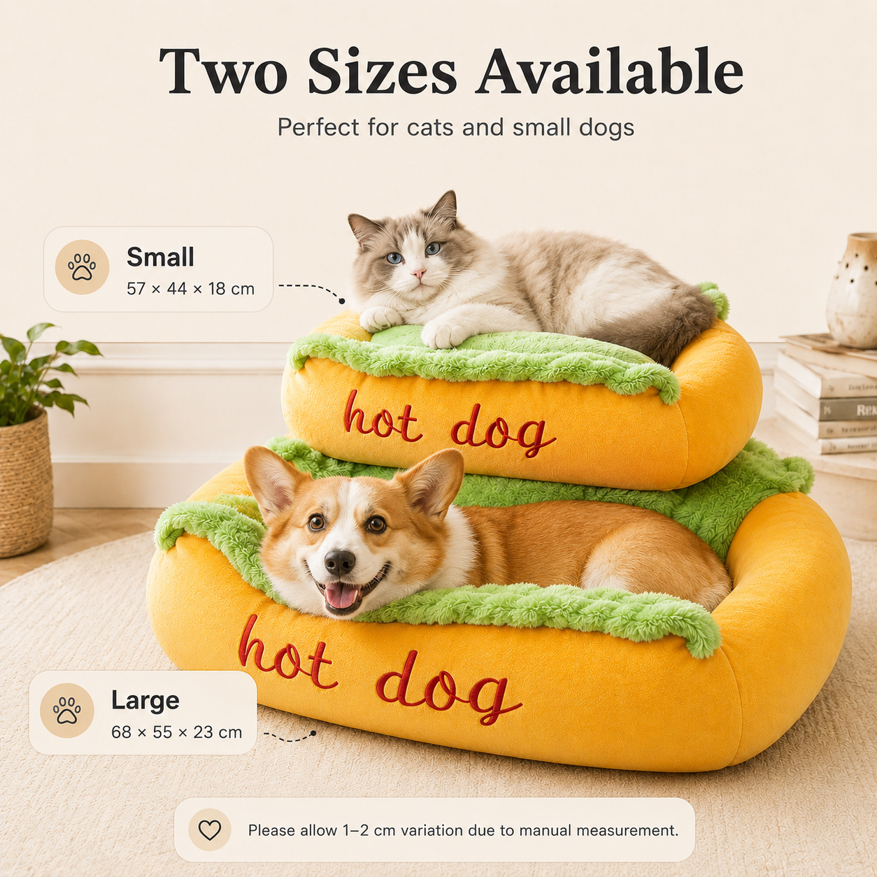 Funny Hot Dog Plush Pet Bed - Washable Luxury Cushion Sofa for Small Dogs & Cats