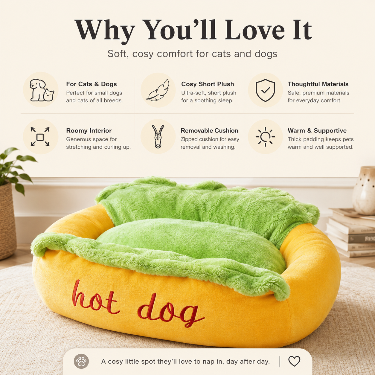 Funny Hot Dog Plush Pet Bed - Washable Luxury Cushion Sofa for Small Dogs & Cats