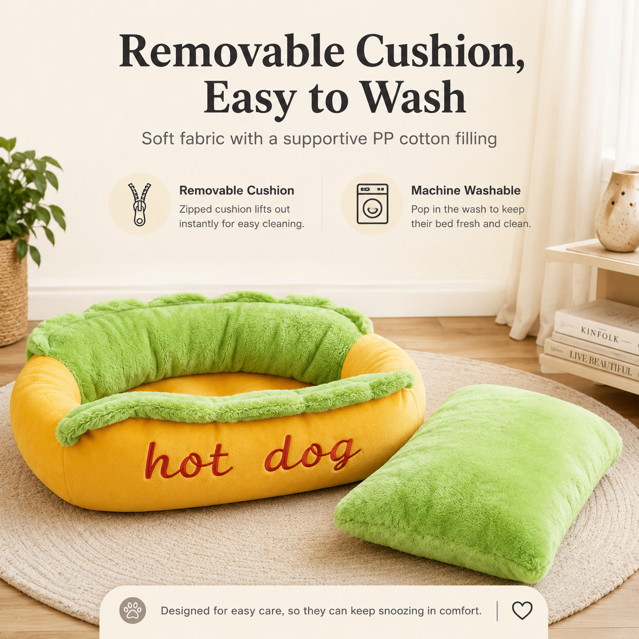 Funny Hot Dog Plush Pet Bed - Washable Luxury Cushion Sofa for Small Dogs & Cats