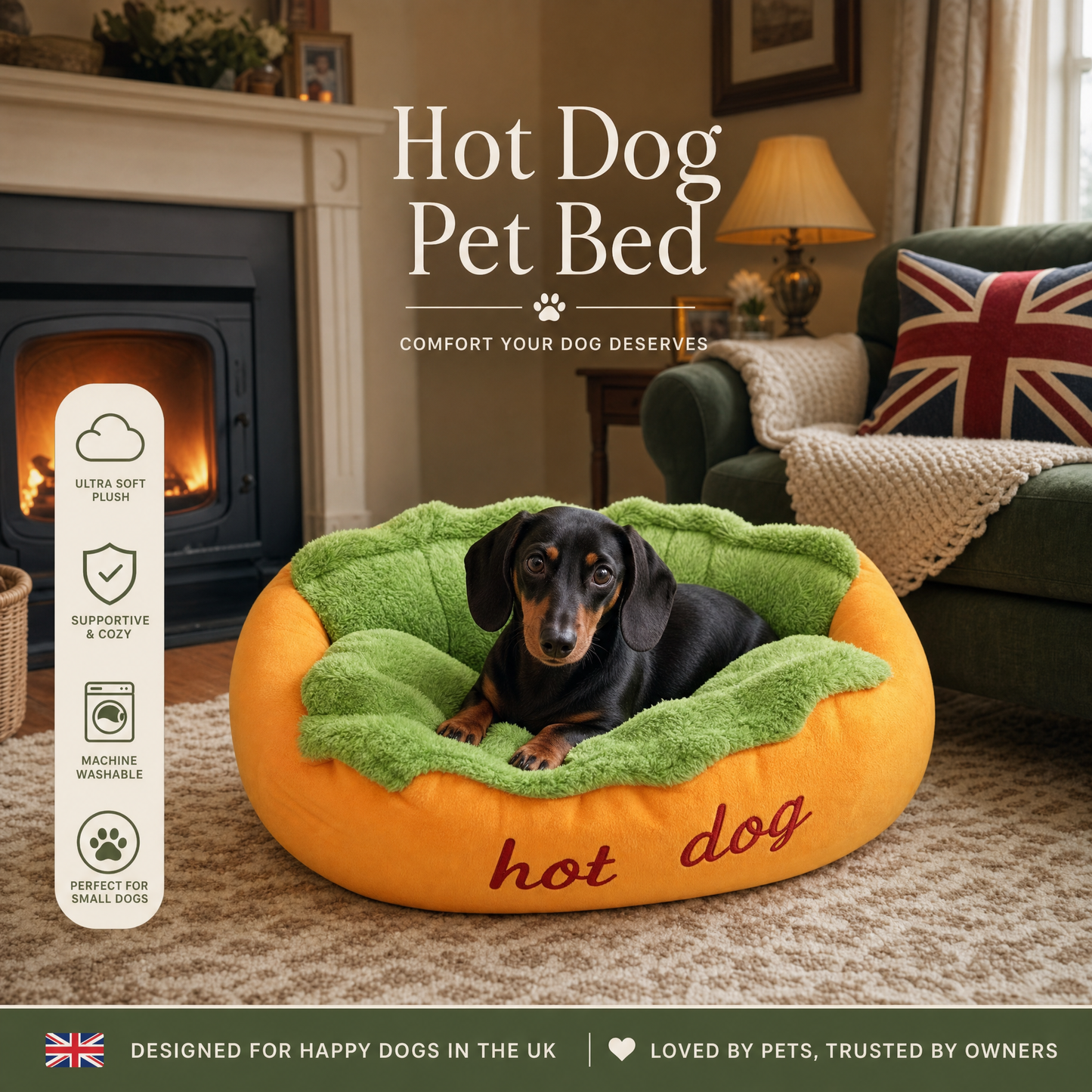 Funny Hot Dog Plush Pet Bed - Washable Luxury Cushion Sofa for Small Dogs & Cats